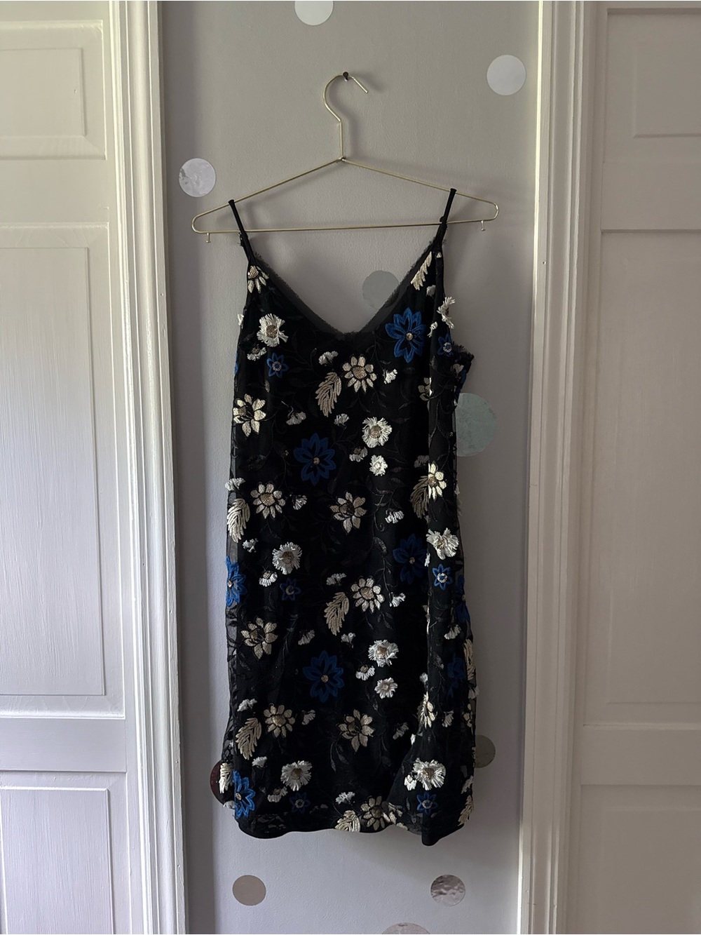 Miss Me Black Slip Dress with Blue & Cream Floral Embroidery
